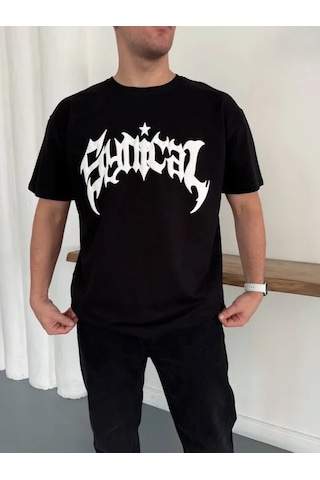 Vexor Erkek Bisiklet Yaka Ön Baskılı Kısa Kollu Tişört Streetwear Günlük Basic Pamuklu T-shirt - Si Siyah