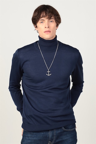 Tudors Slim Fit Dar Kesim Tam Boğazlı Yaka Düz Yün Erkek Kazak-23921 Lacivert