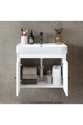 Ada Lavabolu Mat Suntalam Banyo Alt Dolabı 60 Cm Beyaz Mat Beyaz