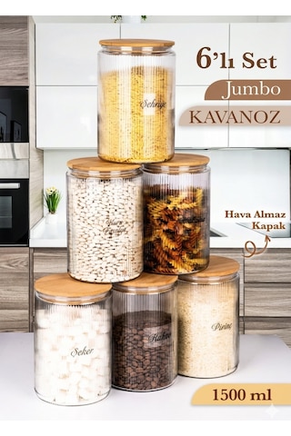 6 Lı Etiketli Cam Kavanoz Seti Büyük Bambu Vakum Kapak Çizgili Erzak Un Bakliyat Saklama Kabı 1,5l Şeffaf