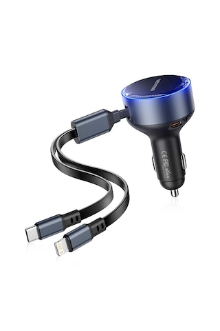 Vention 30w 3 Portlu Kendinden Kablolu Type-c + Lightning Alüminyum Hızlı Araç Şarj Cihazı - Siyah