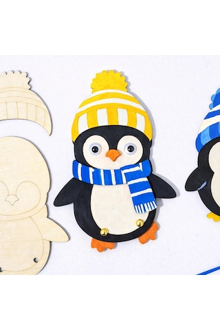 Sevimli Penguenler Ahşap Boyama Etkinlik Seti Eğitici Çocuk Aktivite Fırça Akrilik Boya Kreş Okul
