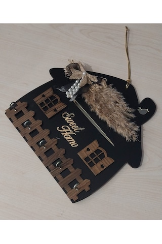 Sweet Home Siyah Ahşap Anahtar Askılığı Duvar Askılı Anahtarlık Siyah