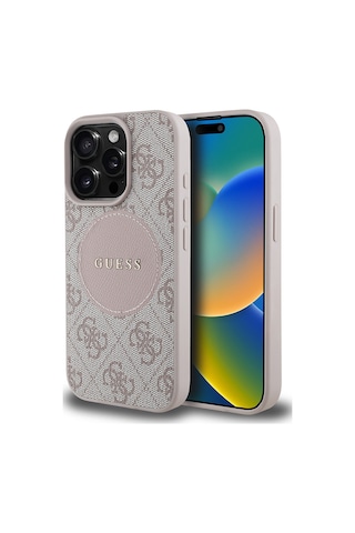 Apple Uyumlu iPhone 15 Pro Max Kılıf Guess Lisanslı Magsafe Şarj Özellikli Yazı Logolu Circle Classic Kapak Pembe