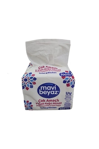 Mavi Beyaz Çok Amaçlı V Katlama Kağıt Mendil 200 Yaprak Uv Sterilize