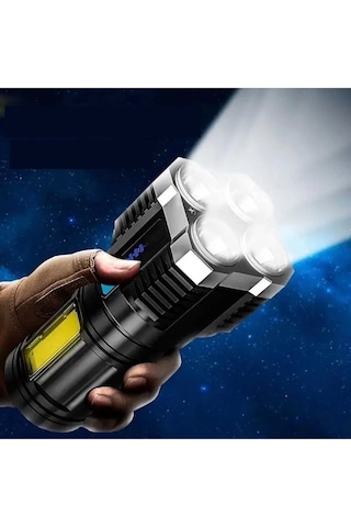 Ultra Parlak El Feneri Usb Şarj 4 Led+yan Cob Led Taktik Günlük Hayat Kamp Avcılık El Feneri Açık Lacivert