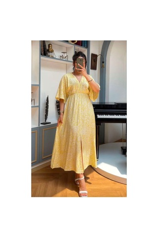 Moda Banuş Sarı Yırtmaçlı Yumuşak Kumaş Elbise 3154