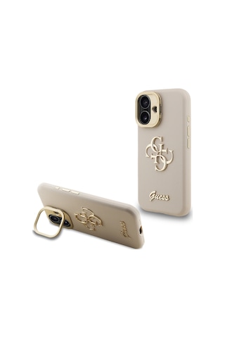 Apple iPhone 16 Uyumlu Kılıf Guess Lisanslı Grained Yazı Logolu Kamera Standlı Kapak Bej