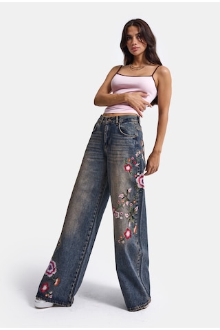 it's basic Kadın Kot Rengi 4w6-85 Palazzo Fit Renkli Nakış Özel Tasarım Denim Jean