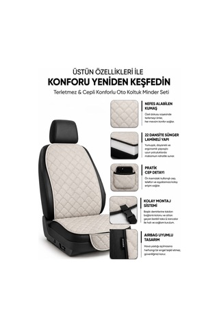 Terletmez Cepli Oto Koltuk Minder Seti Kolay Montaj Universal Koruyucu Kılıf Kumaş Bej