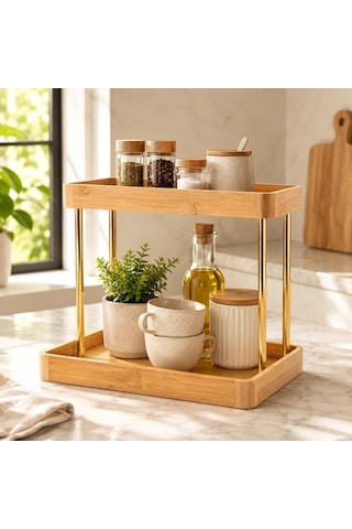 Poomy 2 Katlı Bambu Organizer Standı, Altın Renk Tezgâh Üstü Düzenleyici Raf