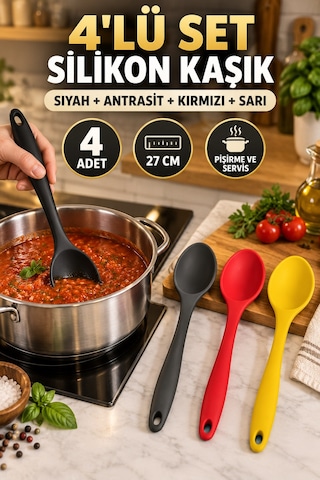 4'lü Set Siyah Antrasit Kırmızı Sarı, Büyük Boy Silikon Kaşık 27 Cm, Yemek Pişirme Ve Servis Kaşığı.