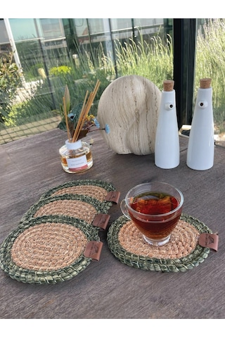 4 Adet Oval Dekoratif Bardak Altlığı Seti - Yuvarlak , Leke Tutmaz - Naturel-yeşil 13x17 Cm Yeşil