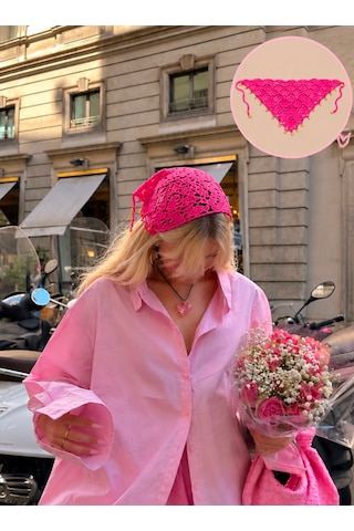 Algebutik Pembe Boncuk Detaylı Tığ İşi Üçgen Bandana