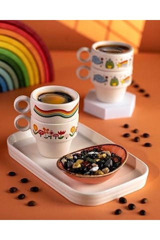 Vosvos & Gökkuşağı 2'li Espresso Bardak Seti - Hediye Seramik Fincan Acı Kahve