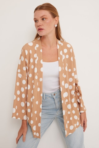 Bigdart Kadın Bej Beyaz Puantiyeli Örme Kimono 5862 001