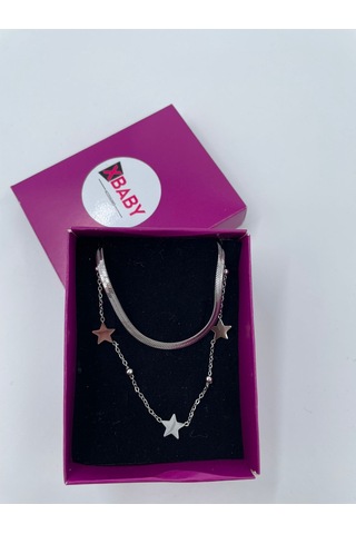 Xbaby İkili Yıldız Çelik Gümüş Renk Kolye Gümüş