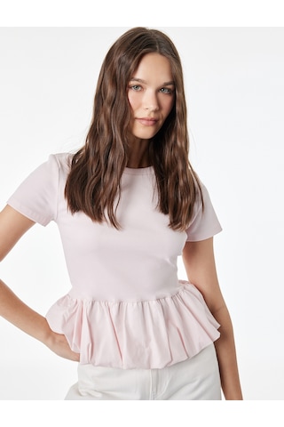 Koton Slim Fit Kısa Kollu Bisiklet Yaka Balon Peplum Tişört Pembe 6sal10578ık Gül
