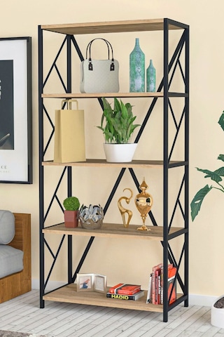 Morpanya Armarse Dekoratif 5 Raf Ahşap Kitaplık Metal Kitaplık Raf Dosya Kitap Rafı Salon Rafı Çam