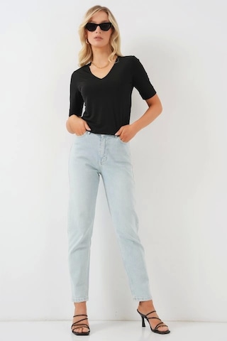 V Yaka Kısa Kol Basic Bluz 955 - Siyah Si Yah