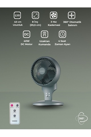 Woox 8'' 360 Derece Salınımlı Uzaktan Kumandalı Dokunmatik Ekran 40 Cm Zaman Ayarlı Masaüstü Vantilatör
