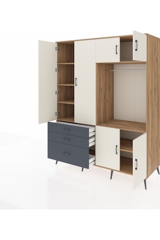 Kronos Gardrop 7 Raflı 3 Çekmeceli Tek Askılı 176x59x221 Çam-aytaşı/antrasit Aytaşı/antrasit