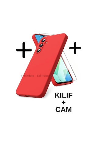 Samsung Galaxy Uyumlu A16 Kılıf Renkli Yumuşak Silikon Kapak Ekran Koruyucu Cam 9h Temperli -kırmızı Kirmizi