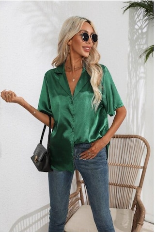 Kısa Kollu Gömlek Yaz Katı Saten Ipek Gömlek Düğme Yukarı Bluz Gevşek Ofis Kadın Blusas Casual Gömlek Tops Zarif 26107 Koyu Yeşil
