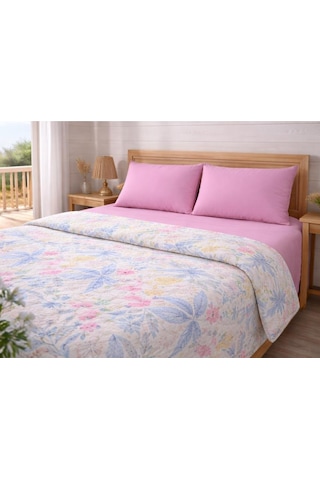 Faralya Life Baskılı Çift Kişilik Pike Takımı 200x220 Cm Pike 240x260 Çarşaf 2 Adet 50x70 Yastık Kılıfı %100 Pamuk Yumuşak Dokulu Yatak Örtüsü Seti Pembe