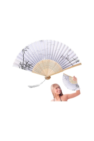 Beluga Yelpaze Bambu Serinletici Vintage Bej Şık Dekorasyon Püsküllü Japon Yelpaze 0242