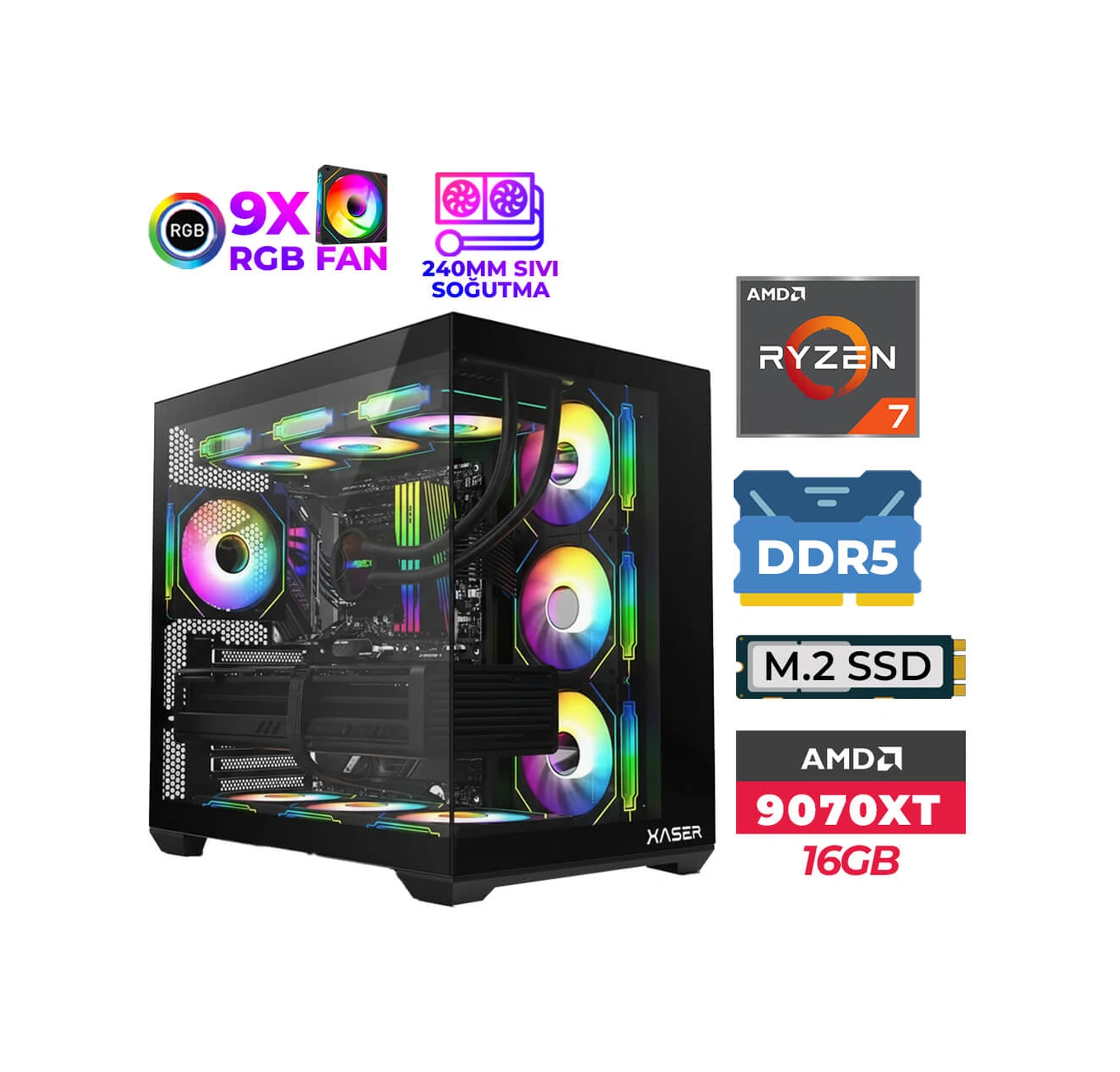 Xaser Sovax110 R7-7800X3D 32 GB 1 TB SSD 16 GB RX9070 XT Dos Masaüstü Oyuncu Bilgisayarı