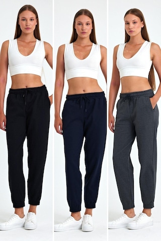 Kadın Siyah-lacivert-antrasit Pamuklu Kalın Paçası Lastikli Yüksek Bel Rahat Jogger 2'li Eşofman Altı Çok Renkli