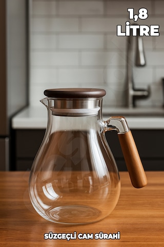 Süzgeçli Yuvarlak Cam Sürahi - Akasaya Kapaklı Ve Saplı - Detoks Sürahisi - Contalı Kapak