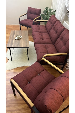 Modern Modern Style Home Modern Erciyes Balkon, Bahçe, Cafe - Metal Kanepe Koltuk Takımı - 3+1+1 Sehpa Bordo Modern3bs Bordo