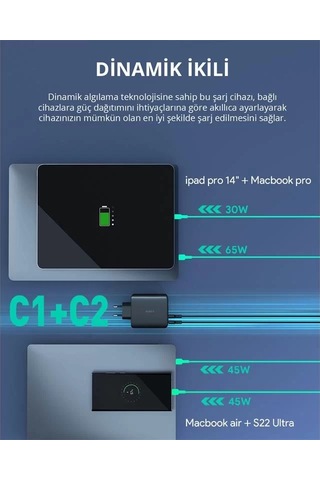 Aukey Pa-b7s-bk 100w Dört Bağlantı Noktalı Pd Gan Duvar Şarj Cihazı