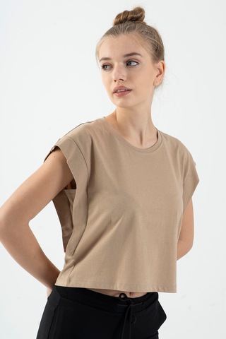 Maraton Regular Kadın Bisiklet Yaka Açık Vizon Crop Top Vizon