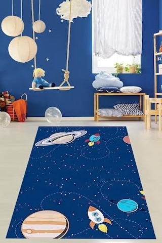 Pelangi Gezegen Desenli Eğitici Yıkanabilir Kaymaz Taban Leke Tutmaz Çocuk Odası Halısı, Lacivert 60 X 120, 907642 Çok Renkli