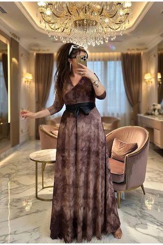 Azra Butik Tam Boy Kahve Dalga Desen Elbise
