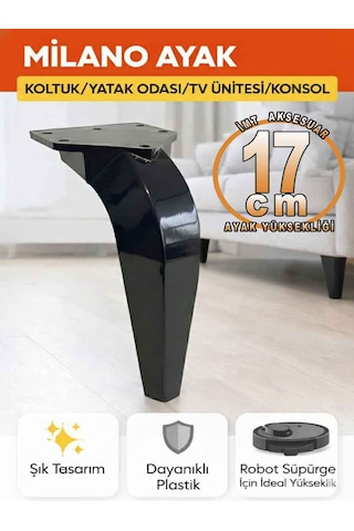 İmt Aksesuar Milano 17 Cm Siyah Mobilya Ayağı - Robot Süpürge Uyumlu Koltuk, Tv Ünitesi, Konsol,dolap Ayak Siyah