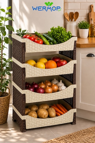 4 Katlı Rattan Görünümlü Plastik Sebzelik Bej Mutfak Organizer Raf - Bej