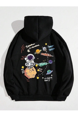 Space Travel Sweatshirt - Siyah Baskılı Oversize Kapüşonlu Siyah