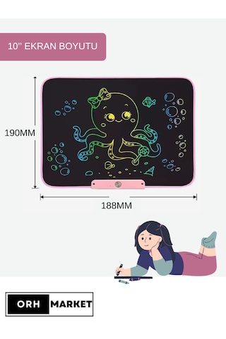 Pembe 10 İnç LCD Çizim Tableti – Şarjlı, Dijital Kalemli, USB Kablolu, Renkli Ekranlı Yazı Tableti