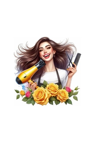 Sarı Güllü Makas Ve Fön Tutan Kuaför Kız Duvar Stickerı Renkli