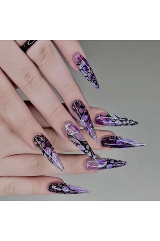 Uzun Sivri Uçlar Sahte Tırnak Örümcek Ağı Mor Yeniden Kullanılabilir Yapay Çivi Lady Beauty Nail Makyaj