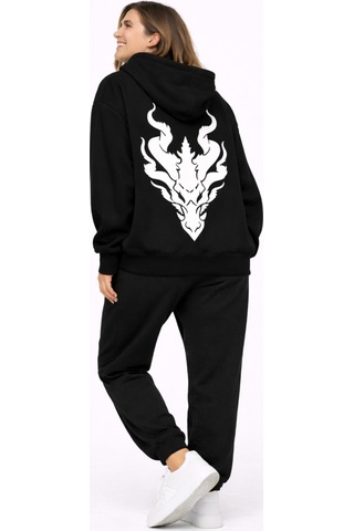 Nevermınd Unisex Ejderha Baskılı Beyaz Sevgili Kombini Oversize Hoodie Seti Siyah Siyah