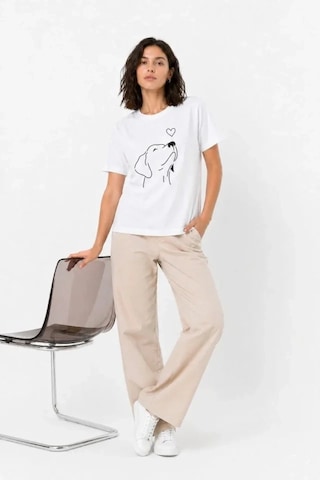 Defymoda Köpek Figürlü Minimal Baskılı Tişört Kısa Kol Yazlık T-shirt - Beyaz