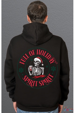Bumeta Full Of Holiday Spirit Noel Temalı Sweatshirt Unisex Kapüşonlu Hoodie Siyah