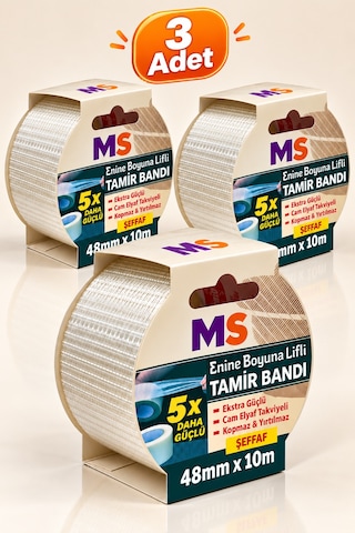 3 Adet Enine Boyuna Lifli Şeffaf Tamir Bandı 48mm X 10 Metre 5 Kat Daha Güçlü Metal Plastik Bantı