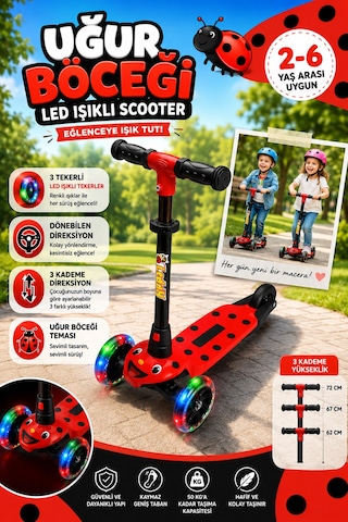 Figürlü Leddy Sizlerle Led Işıklı Tekerler 50kğ Taşıma Kapasitesi 2-6 Yaş Kullanımına Uygun Kırmızı