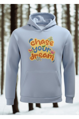 Feydi Unisex İçi Polarlı Kapüşonlu Sweatshirt Dream Baskılı Açık Mavi